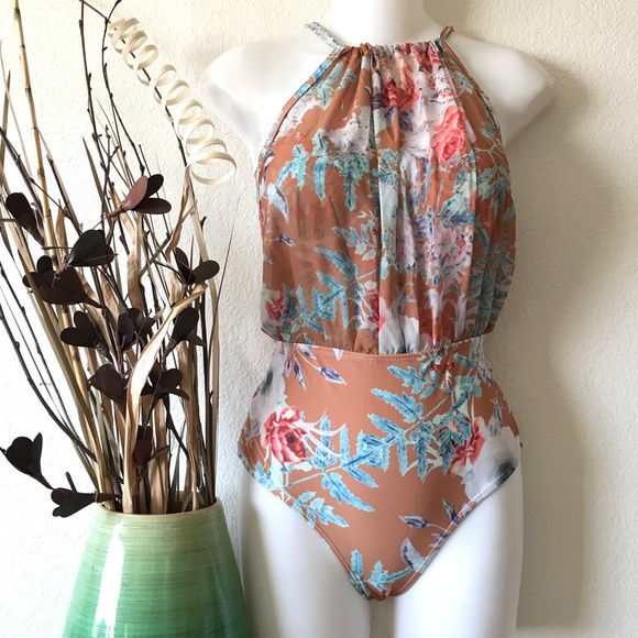 Other - Tan Flower Monokini Padded Bra One-Piece Swimsuit